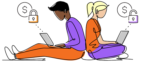 Direct Energy Keep it in the family illustration two people back to back sitting on the floor each with a laptop reviewing different plans
